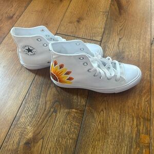 Converse White High-Tops with Sunflower Art
